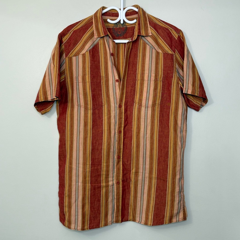 100% LINEN STRIPED SHORT SLEEVE BUTTON UP SHIRT MEDIUM
